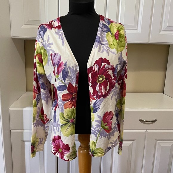 SILK CLUB L Women's Button Front Long SLV Colorful Floral Beading Cardigan - Picture 1 of 9